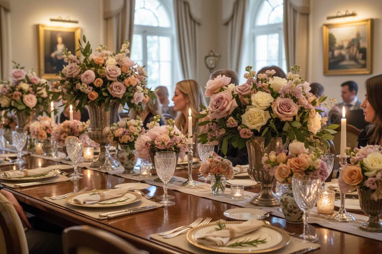 dinner party with lots of centerpieces